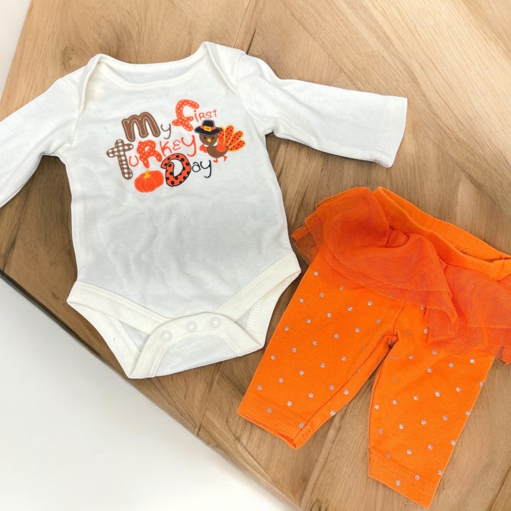 Baby Girl First Turkey Day Outfit White‎ L/S Top & Orange Tulle Skirt Leggings